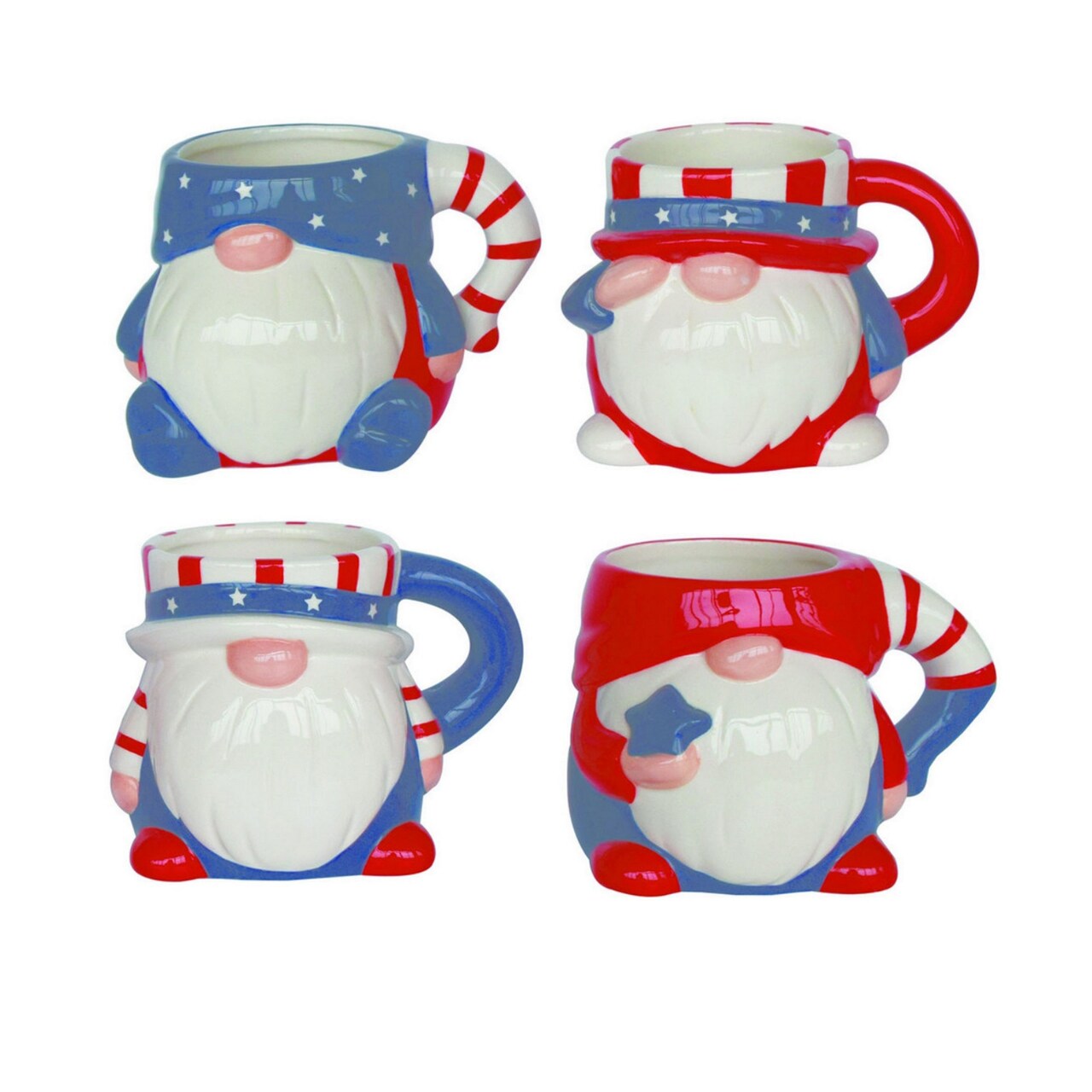 Transpac Patriotic Uncle Sam Gnome Mug Set of 4, Ceramic, Multicolor, 16.5oz, Dishwasher Safe, Indoor Tabletop Drinkware